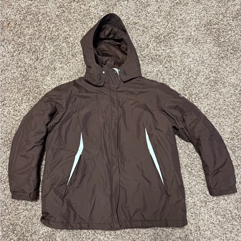 Columbia size 2X Brown Hooded Jacket with Light Blue Accents